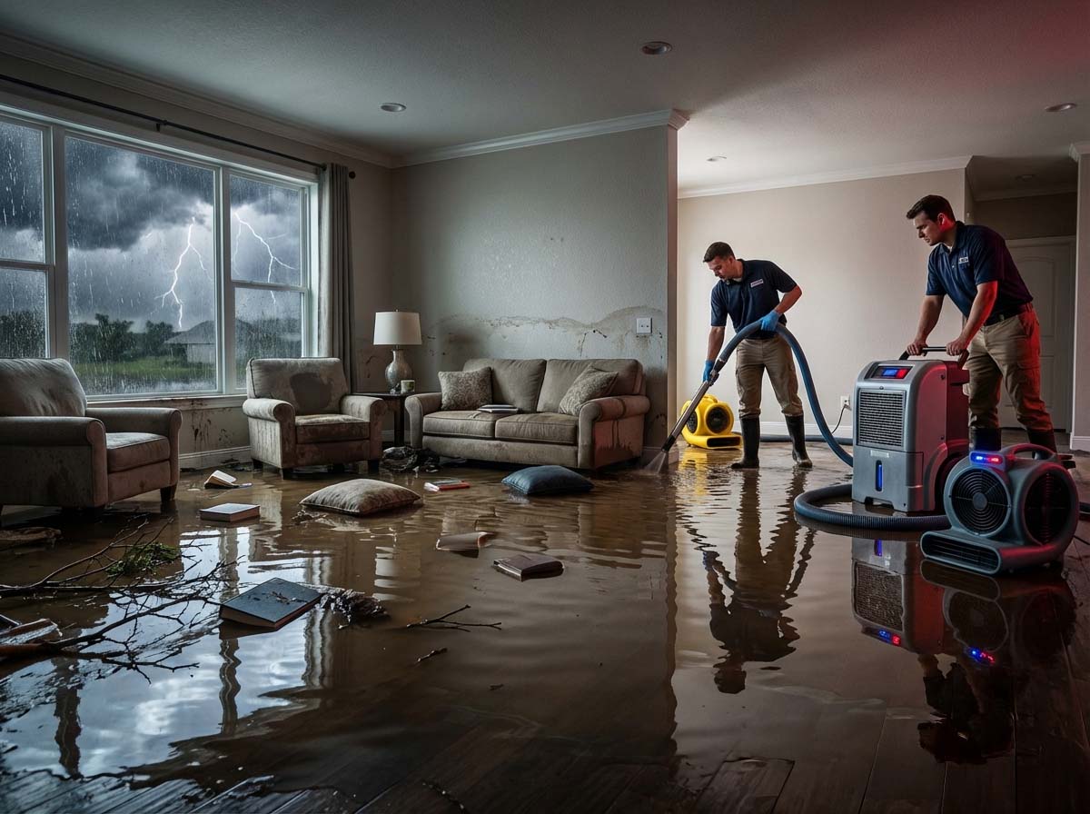 Two workers extracting muddy floodwater from a flooded Jackson living room during a storm